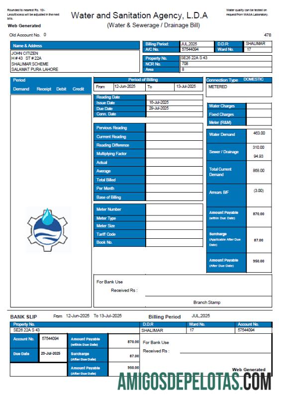 Em branco modelo de conta de serviços públicos da Agência de Água e Saneamento do Paquistão (LDA) em formatos Word e PDF